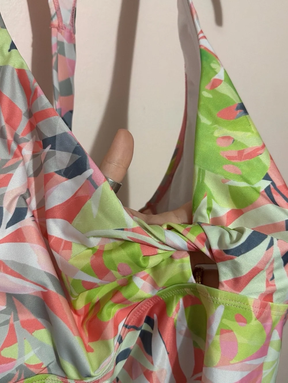 Tropical Leaf Print Racerback Tankini Top - Pink & Lime - Picture 2 of 4